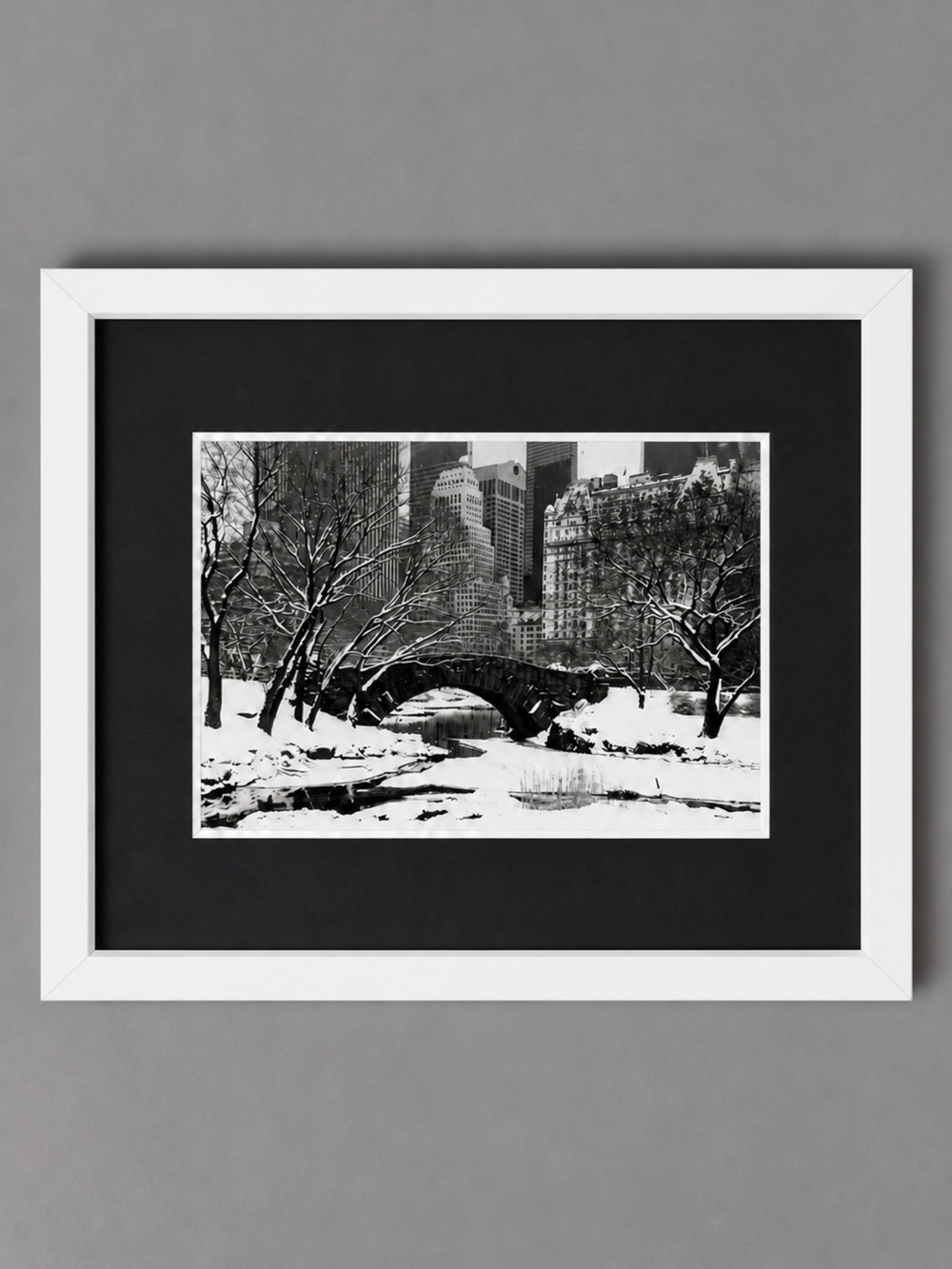 Framed Photograph Central Park NY bridge winter snow black white